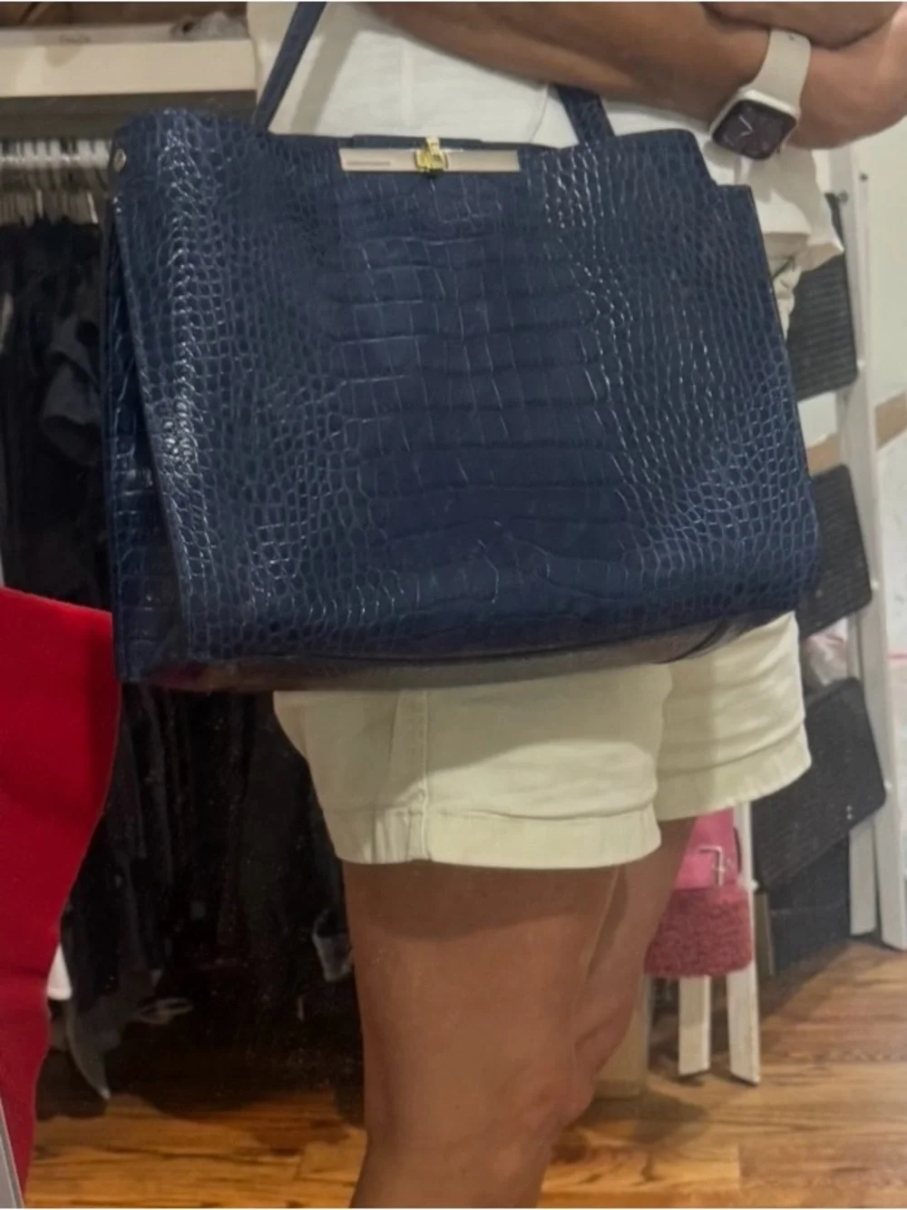 Gianni Chiarini Italian Navy Blue Croc Embossed Leather Handbag / Satchel